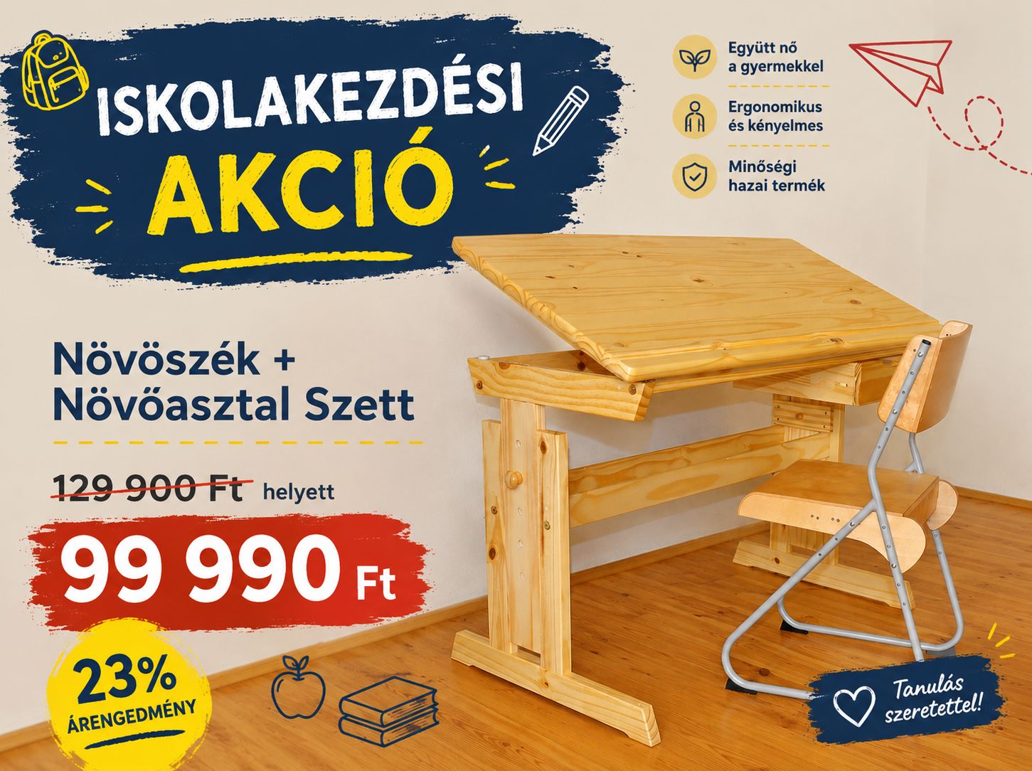 Iskolakezdés Növőszék + Növőasztal szett. Állítható magasságú gyerek íróasztal és szék